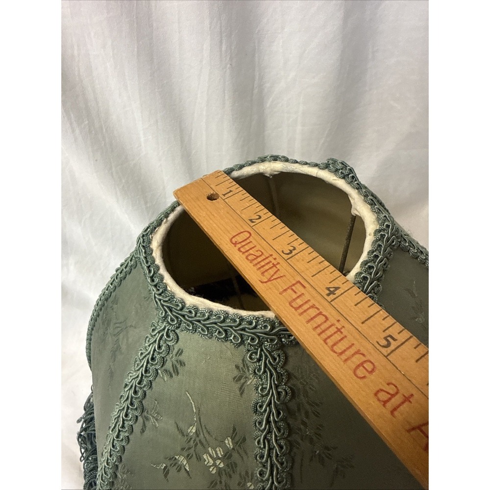 Vintage Victorian Style Green Lamp Shade Damask Brocade Fabric Fringe Floral - Picture 4 of 8
